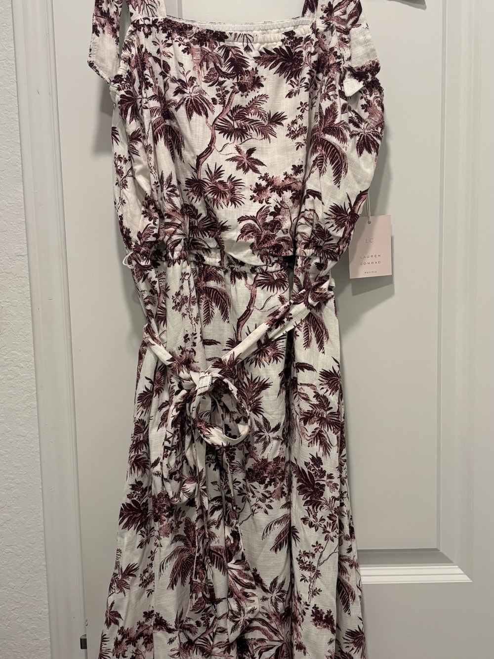 LC Lauren Conrad White Maxi Dress with Maroon Tropical Print